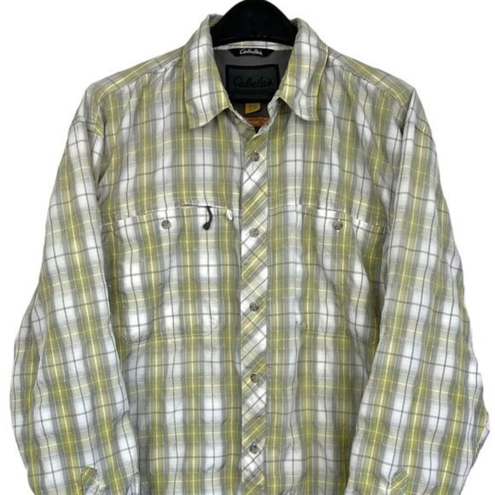 Cabelas Men's XL Insect Defense Wicking Button Up Plaid Hiking Shirt Yellow Gray